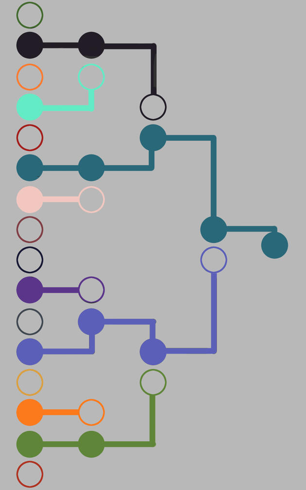 A tournament bracket turned into a series of colorful open/closed circles connected by lines.